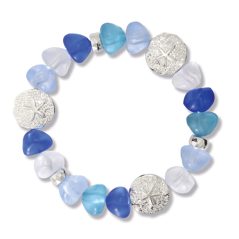 Silver sand dollar stretch bracelet with frosted blue sea glass beads — coastal jewelry — Crabby Mermaid