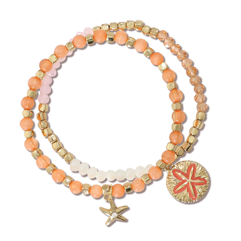Coral and gold beaded sea life stretch bracelet set with starfish and sand dollar charms — coastal jewelry — Crabby Mermaid