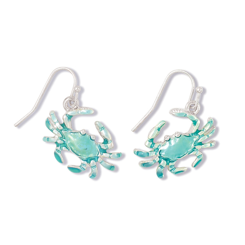 Aqua blue enamel crab dangle earrings with silver-toned finish on white background — coastal jewelry — Crabby Mermaid