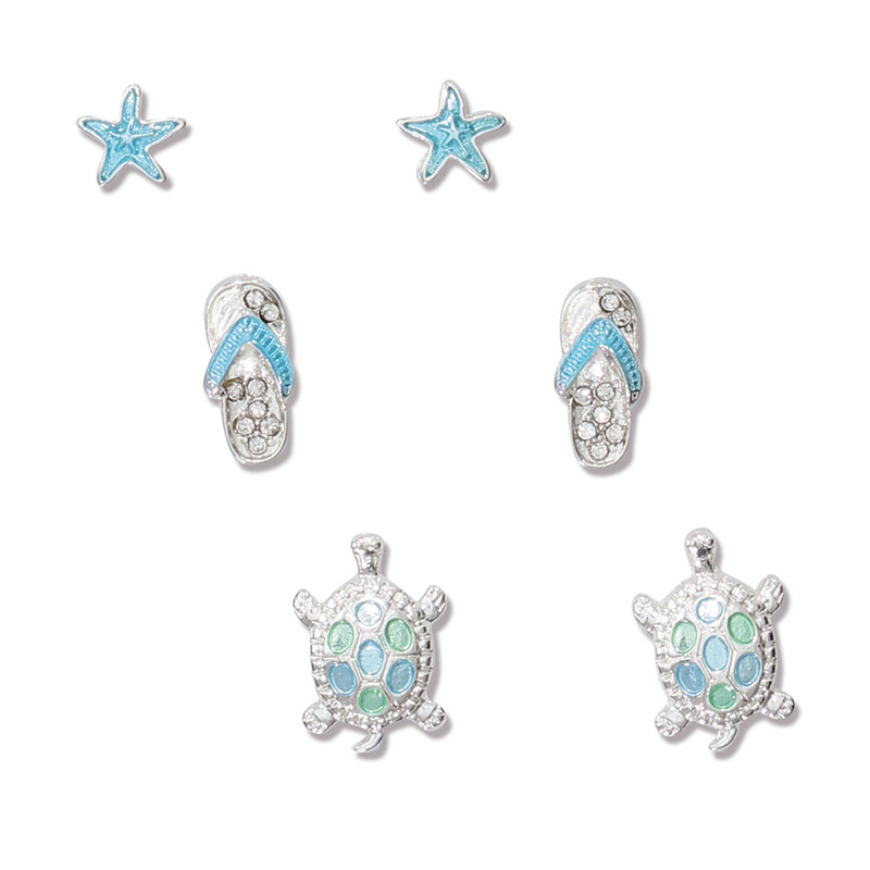 Starfish, Flip Flop & Turtle Earrings - Set of 3

Are you feeling a little landlocked? Bring the ocean vibes straight to your ears with our Starfish, Flip Flop & Turtle Earrings set! These studs are the perfect way to show off your love for all things coastal, nautical, and mermaid-inspired.

Each earring set comes with a pair of starfish earrings in a calming blue hue that will make you feel like you're lounging on a beach somewhere. The flip flop earrings are silver plated and feature a blue strap to remind you of those lazy summer days. And last but not least, the sea turtle earrings feature a blend of blues and greens to transport you straight to the ocean floor.

These earrings are perfect for anyone who loves shells, the sea, and all things beachy. Plus, the sparkly crystal inlay adds a touch of glam to your everyday look. So, whether you're headed to the office or out on a weekend adventure, these earrings will keep you feeling like you're right by the sea.

Don't flip flop on this decision - add these sea-turtlely awesome earrings to your jewelry collection!