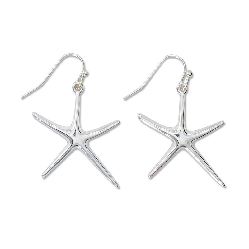 Polished silver starfish dangle earrings with French wire hooks on white background — coastal jewelry — Crabby Mermaid