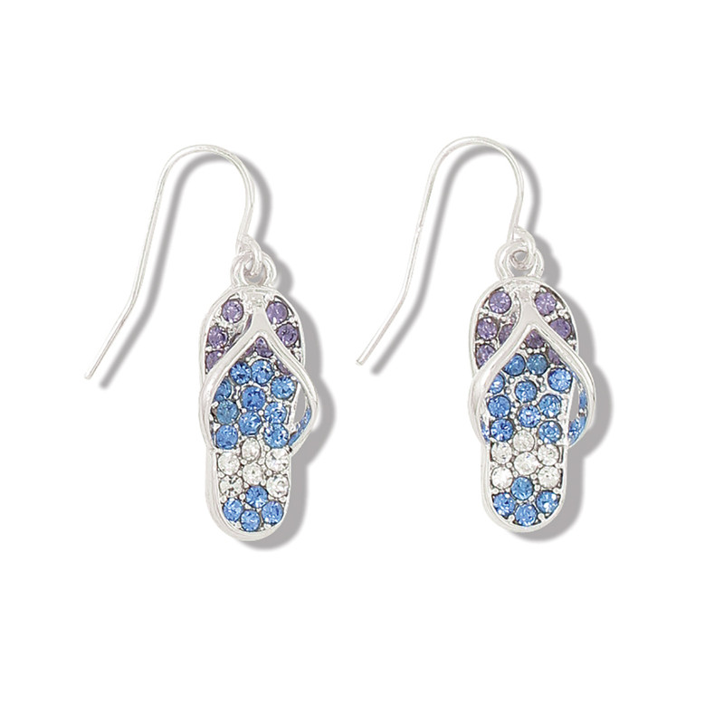 Silver-toned flip flop dangle earrings covered in blue, white, and purple crystal pavé on white background — coastal jewelry — Crabby Mermaid