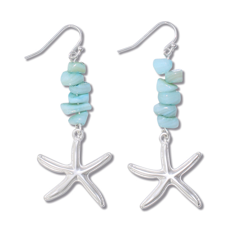 Dangling matte silver starfish earrings with aqua chip beads and French wire hooks — Periwinkle by Barlow — Crabby Mermaid
