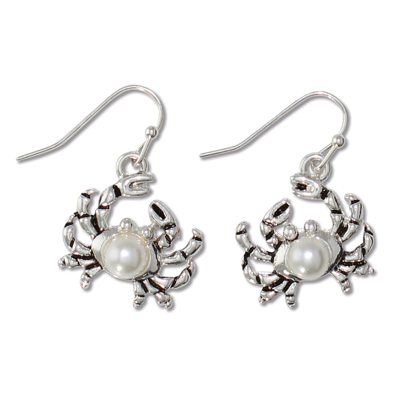 Silver-toned crab dangle earrings with antiqued finish and faux pearl center on white background — coastal jewelry — Crabby Mermaid