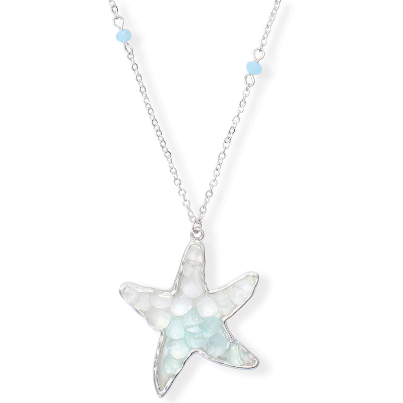 Silver-toned sea glass starfish pendant necklace with aqua and white mosaic and pale blue bead chain on white background — coastal jewelry — Crabby Mermaid