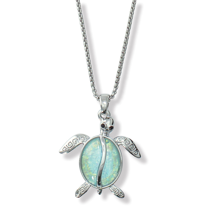 Silver Sea Turtle Necklace - 16"
Our best-selling coastal earring is now in a necklace! This stunning silver detailed turtle with luminous aqua shell.
