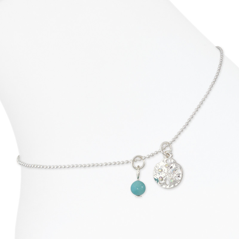 Crystal Sand Dollar & Turquoise Anklet

Comes with lobster claw clasp and 2" extender