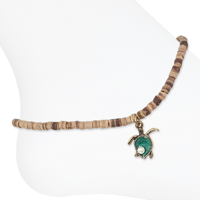 Natural coconut bead anklet with reversible turquoise enamel sea turtle charm on white background — coastal beach anklet — Crabby Mermaid