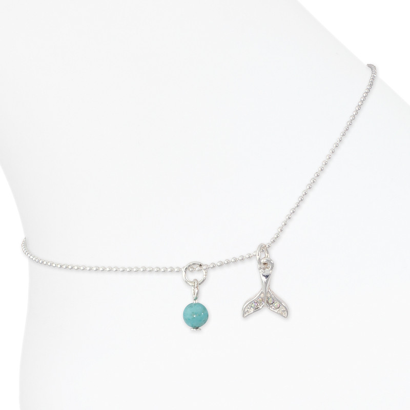 Silver ball chain anklet with turquoise bead and crystal mermaid tail charm on white background — coastal beach anklet — Crabby Mermaid