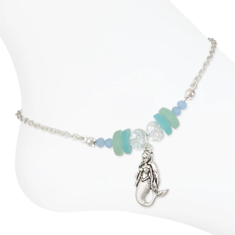 Silver-tone mermaid charm anklet with aqua teal and blue sea glass style beads on white background — coastal beach anklet — Crabby Mermaid