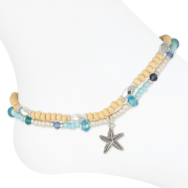 Double layer blue beaded starfish anklet with wooden beads beach jewelry coastal anklet