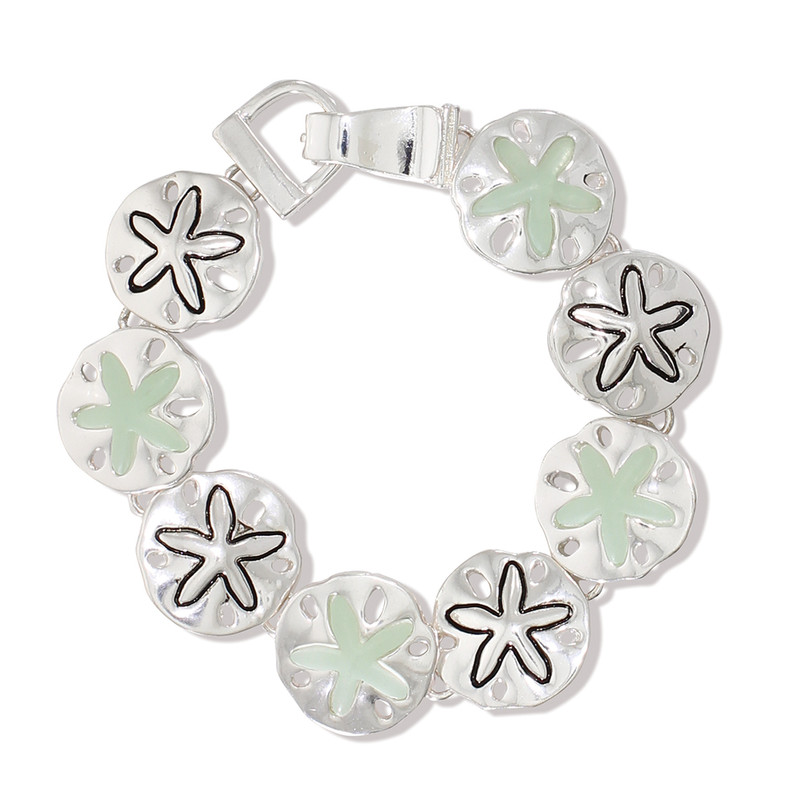 Silver and mint enamel magnetic sand dollar link bracelet with magnetic closure on white background — coastal beach bracelet — Crabby Mermaid
