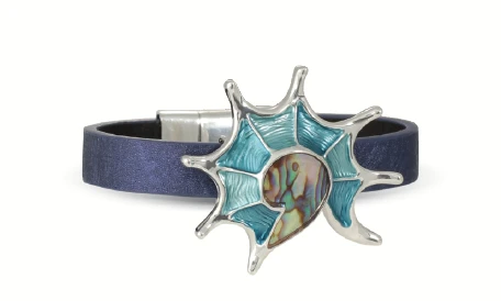 Blue abalone conch shell magnetic bracelet with navy band and iridescent abalone inlay on white background — coastal jewelry — Crabby Mermaid