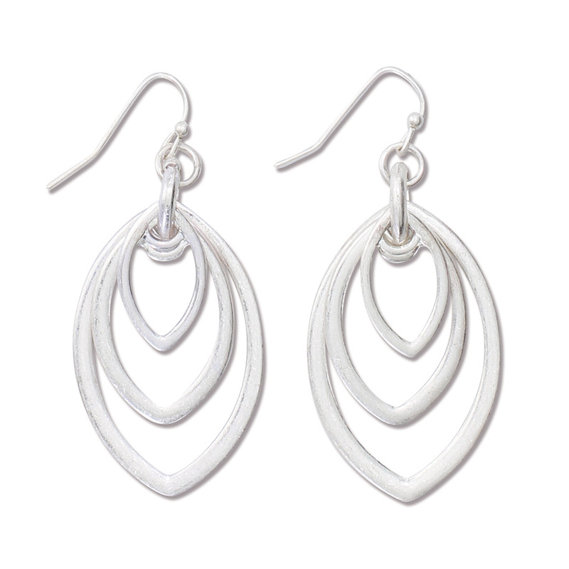 Burnished silver triple marquise hoop dangle earrings in graduated sizes on white background — coastal jewelry — Crabby Mermaid