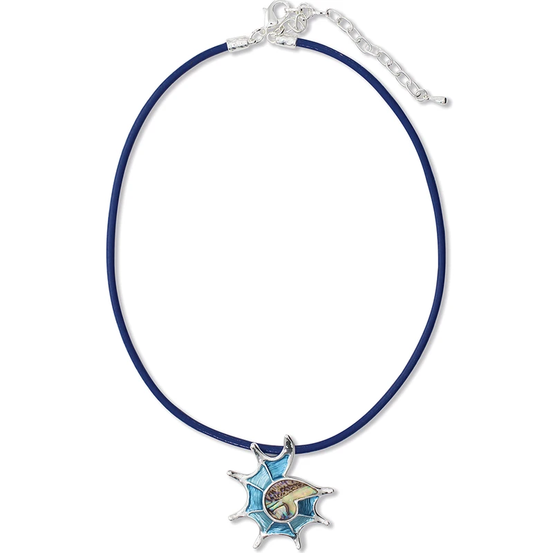 Abalone conch shell pendant necklace on navy blue cord with iridescent abalone inlay on white background — coastal jewelry — Crabby Mermaid