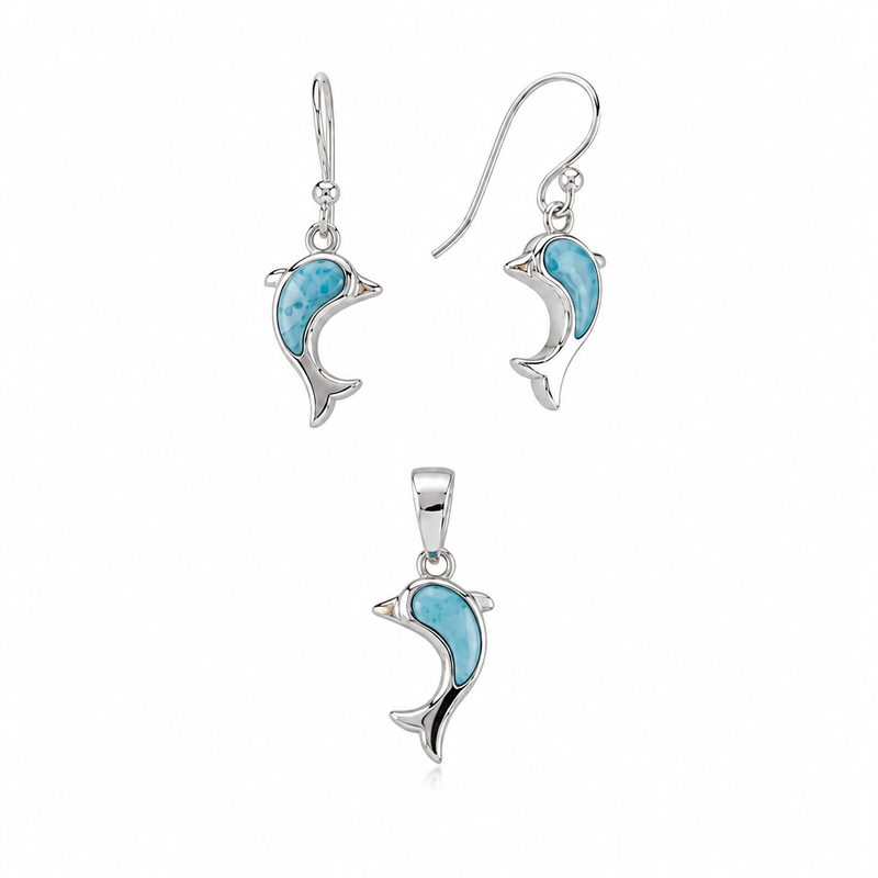 Larimar dolphin pendant and matching dangle earring set in sterling silver on white background — genuine Dominican Republic Larimar — Crabby Mermaid