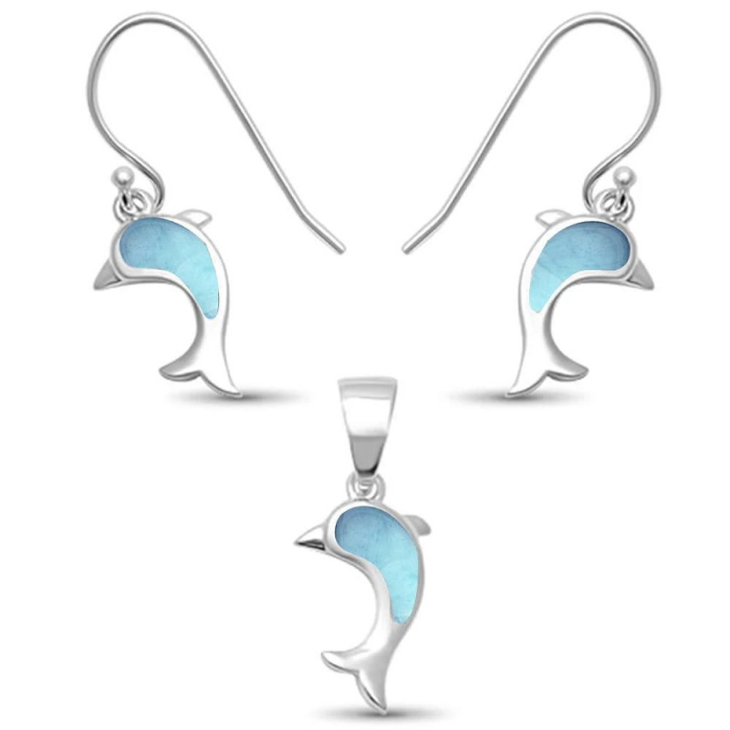 Larimar Dolphin Dangle .925 Sterling Silver Earring & Necklace Set - 18"