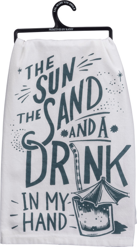Sun Sand And Drink In My Hand Kitchen Towel

A blue and white cotton kitchen towel lending a "The Sun And The Sand And A Drink In My Hand" sentiment with cocktail design. Machine-washable

Dimensions:28" x 28"
Material:Cotton