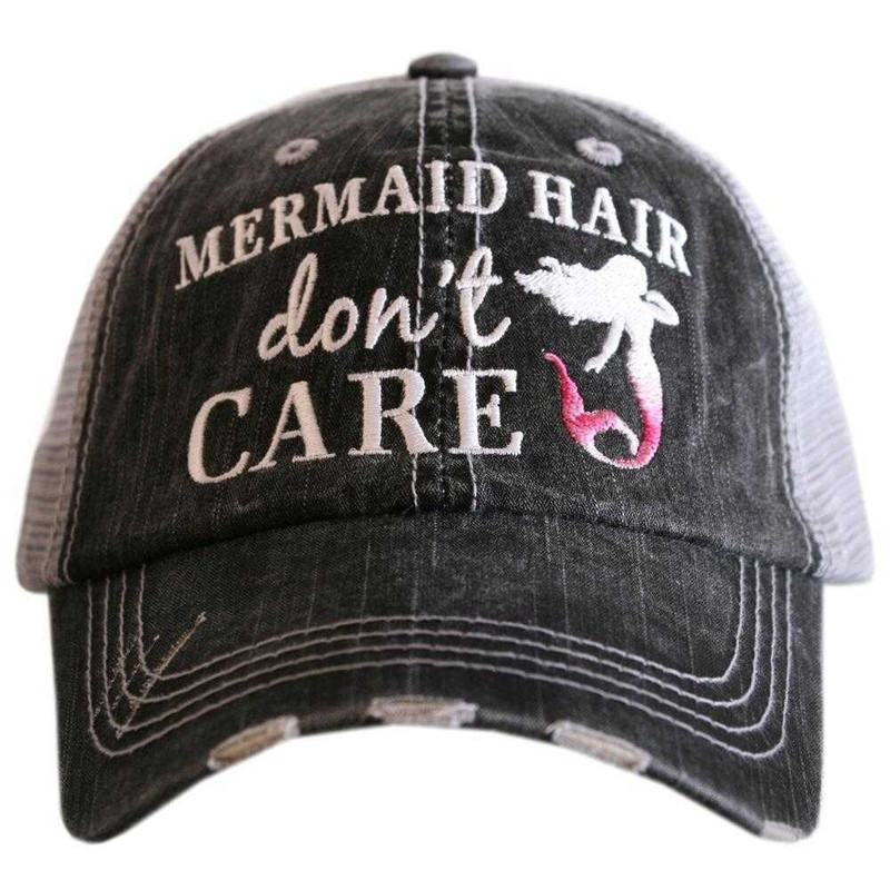 Gray trucker hat with Mermaid Hair Don’t Care embroidery, mesh back, and adjustable tab closure