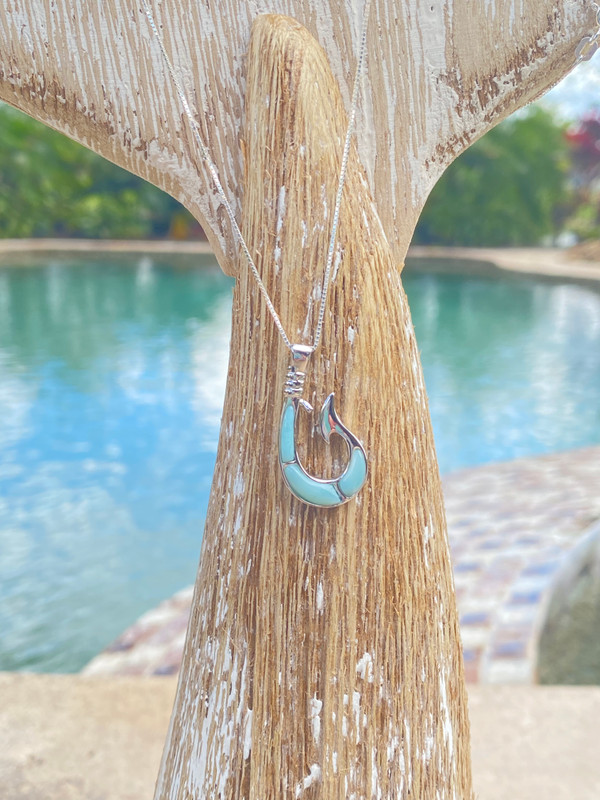 Larimar Lagoon: Oceanic Serenity Necklace - Natural Larimar Fish Hook .925  Sterling Silver - 18