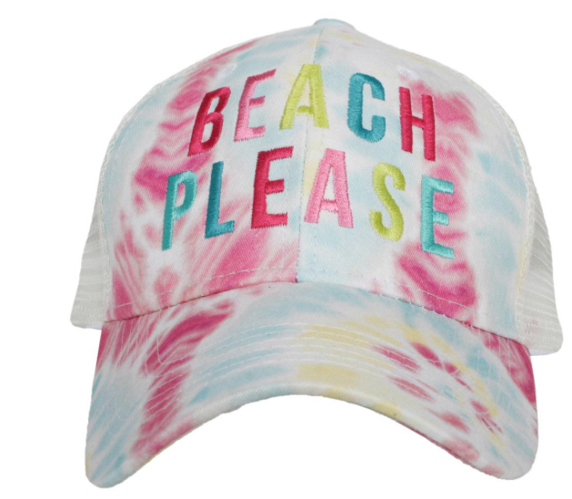 Pink teal and yellow tie-dye trucker hat with multicolor Beach Please embroidery and white mesh back — Crabby Mermaid