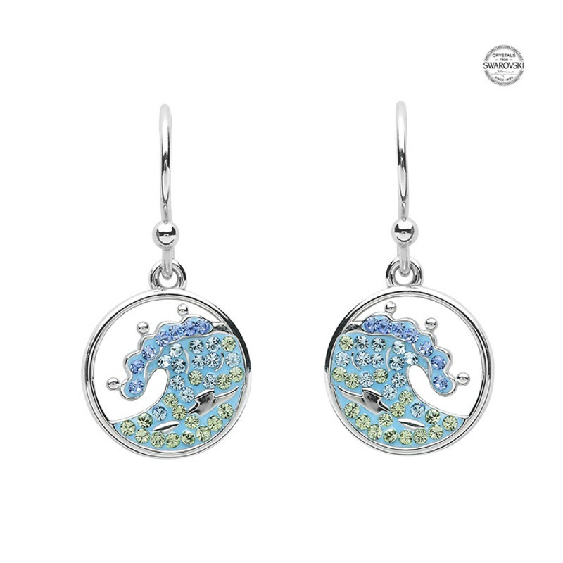 Sterling silver wave drop earrings with aquamarine and peridot crystals — circular drop design handcrafted in Ireland