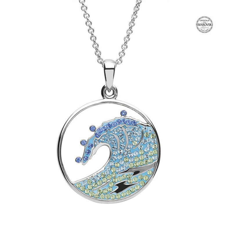 Sterling silver circular ocean wave necklace with sapphire aquamarine and peridot crystals — handcrafted in Ireland Dublin Assay Office silver circular ocean wave necklace with sapphire aquamarine and peridot crystals — handcrafted in Ireland Dublin Assay Office