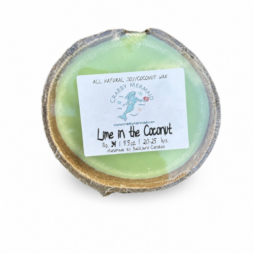 Lime in the coconut half shell coconut candle with Crabby Mermaid label on blue sea glass rocks — all natural soy coconut wax — 5.5 oz