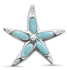 Larimar and cubic zirconia starfish necklace in sterling silver — white background close-up showing five Larimar stones and CZ accents — Crabby Mermaid