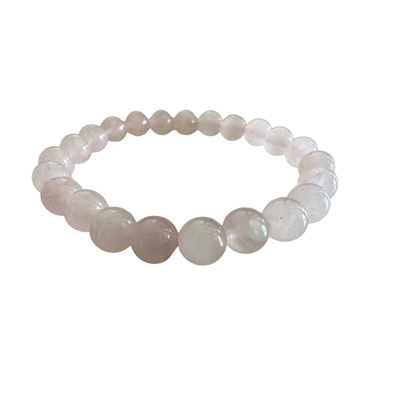 Rose quartz 8mm beaded stretch bracelet on white background — genuine rose quartz gemstone — Crabby Mermaid