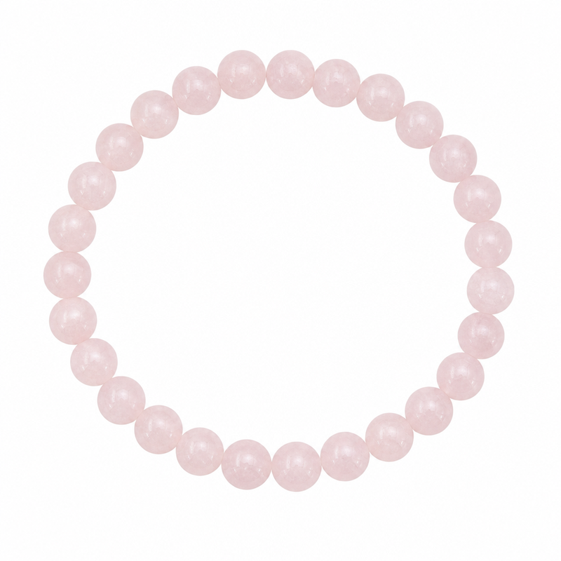 Rose quartz gemstone beaded stretch bracelet, 8mm, in soft pink tones on white background