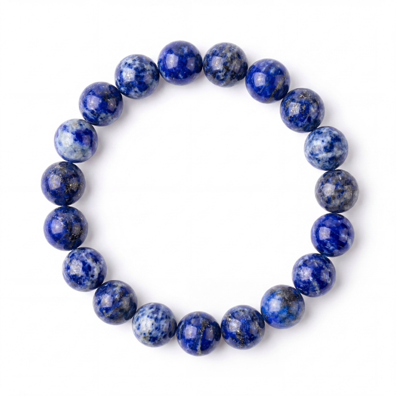 Lapis Lazuli 8mm genuine gemstone beaded stretch bracelet on white background — Crabby Mermaid