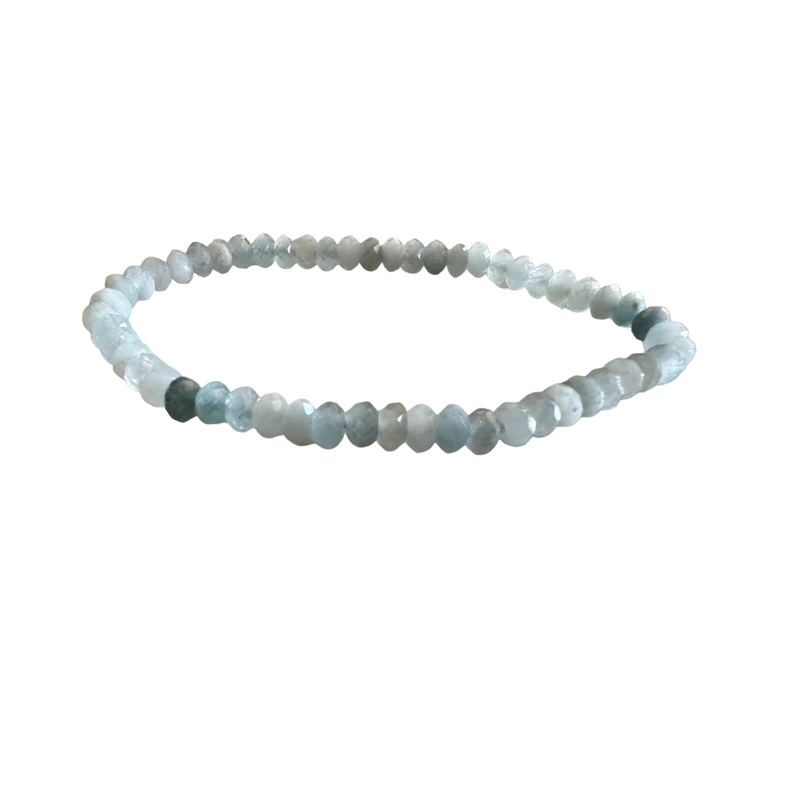 Aquamarine Faceted Rondelle Gemstone Beaded 7" Bracelet
Be the envy of your friends when you wear this dazzling aquamarine gemstone beaded bracelet. Our Gemstone Aquamarine Faceted Rondelle Beaded Bracelet is a perfect choice to bring out your sense of style and class. This one-of-a-kind bracelet is sure to make heads turn, featuring gemstone 5x3mm faceted rondelle beads in a beautiful deep blue-green hue. This charming and classic bracelet also makes for a meaningful and heartfelt gift, ideal for special occasions like anniversaries and birthdays. No matter the event, show your special someone just how much they mean to you with our Gemstone Aquamarine Faceted Rondelle 5x3mm Beaded bracelet.

In the language of gemstones, aquamarine represents happiness, hope, and everlasting youth. In ancient times, aquamarine was thought to protect those at sea. It was believed to make sailors fearless and safe from adversaries on the open waters. As far back as 480 BC, aquamarine was considered the treasure of the mermaids because its ability to protect increased when immersed in water.

Today, aquamarine is still thought to bring protection to those at sea and is a popular gift among ocean travelers. On land, it is believed to have soothing effects on couples, helping them to work through their differences and ensure a long and happy marriage. That power makes it an excellent stone to give on anniversaries.

It is also considered the stone of courage and preparedness and is believed to help maintain balance and order. Aquamarine is often used as a "good luck" stone, thought to bring feelings of peace, love, joy, and happiness to those who wear it. There is an energizing quality to aquamarine that provides harmony and balance.