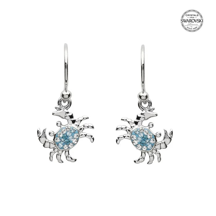 Sterling silver crab drop earrings with aqua blue and white Swarovski crystals on white background — handcrafted in Ireland — Crabby Mermaid