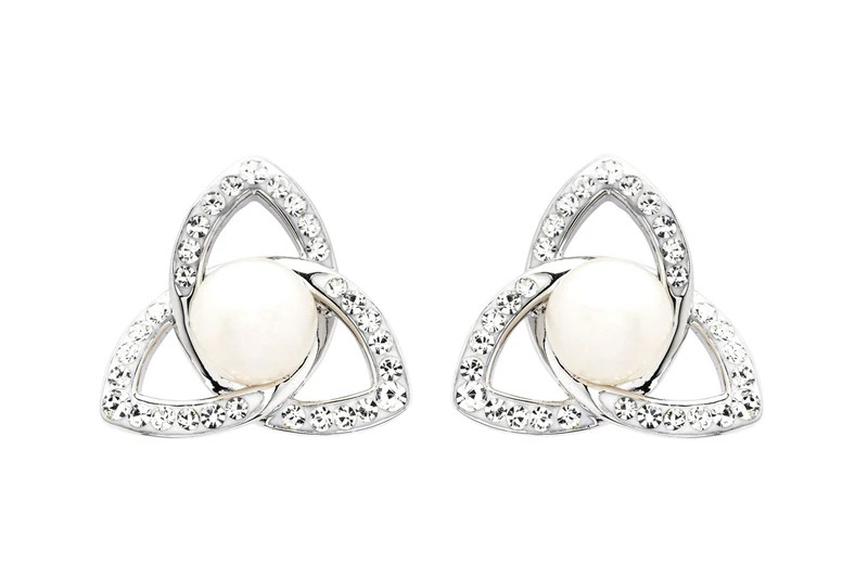 Platinum plated Trinity Knot stud earrings with freshwater pearl and Swarovski crystals — 11mm — handcrafted in Ireland — Crabby Mermaid