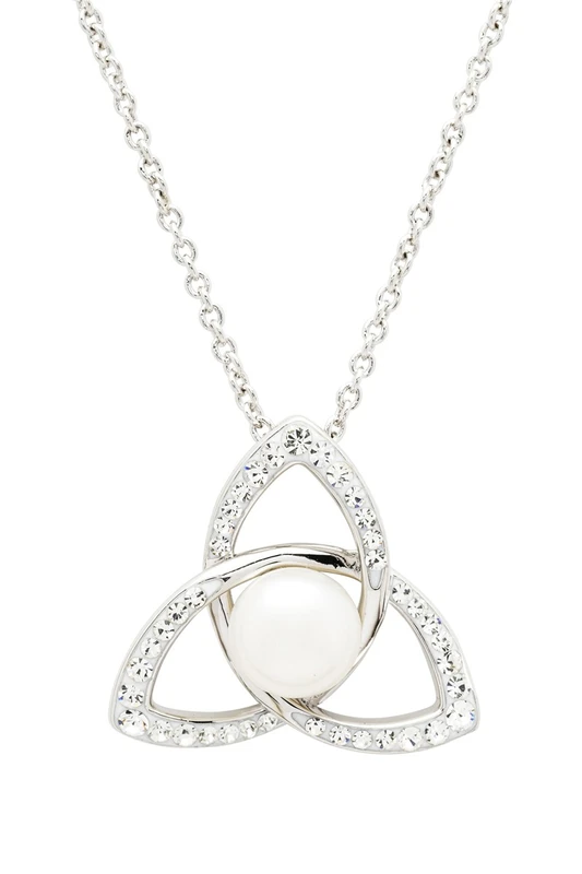 Platinum plated trinity knot pearl and Swarovski crystal necklace by ShanOre — hallmarked Dublin Assay Office — handcrafted in Ireland — Crabby Mermaid