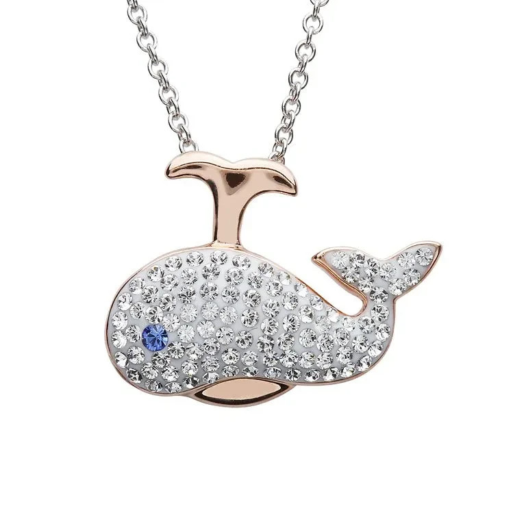 Sterling silver whale pendant with clear crystals and rose gold accent spout — handcrafted in Ireland — Crabby Mermaid