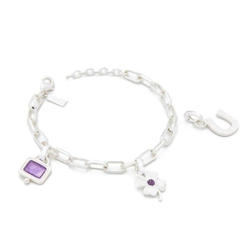 Interchangeable charm bracelet in sterling silver with amethyst charms on white background — adjustable 6.75 to 7.75 inches — Crabby Mermaid