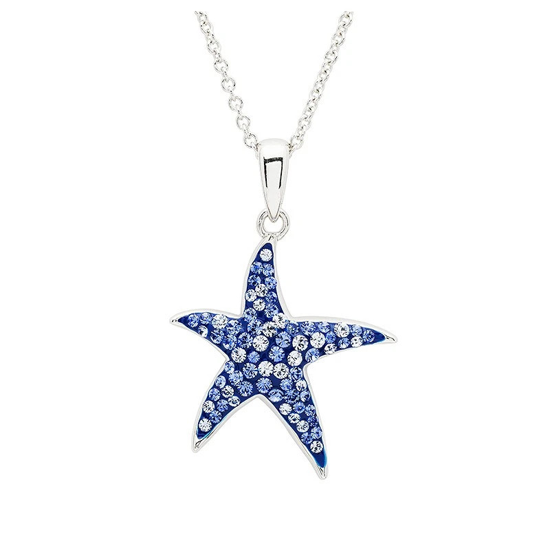 Sterling silver sapphire blue starfish necklace with 100 crystal accents on white background — 18 inch cable chain — handcrafted in Ireland
