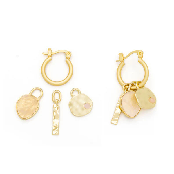 Interchangeable charm earring set in gold with rose quartz oval stone drop, hammered bar, and hammered circle with rose quartz center on white background — Crabby Mermaid