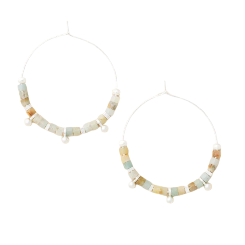 Amazonite stone disc hoop earrings in silver with blue green natural stone and silver hoops coastal jewelry