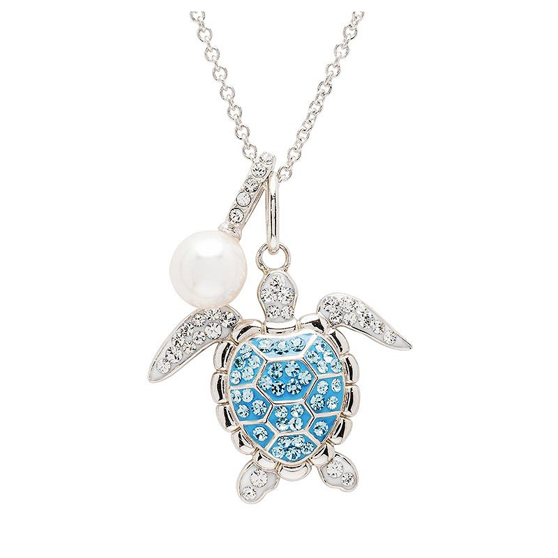 Sterling silver turtle necklace with aquamarine crystals and a lustrous pearl pendant, ocean-inspired jewelry from Crabby Mermaid.