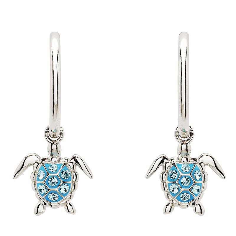 Sterling silver turtle earrings with turquoise and aquamarine crystals, ocean-inspired jewelry from Crabby Mermaid.