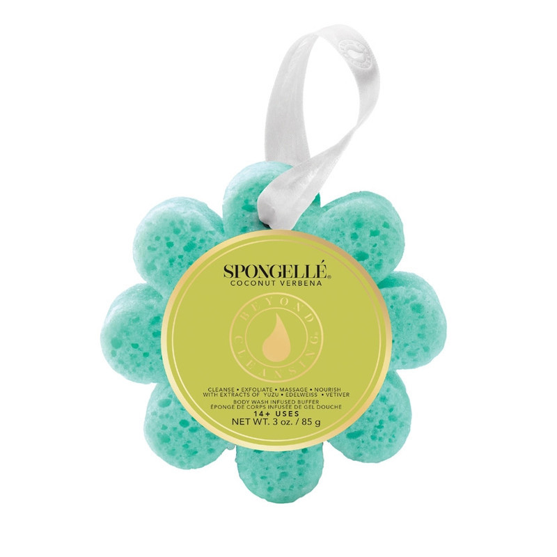 Spongellé Coconut Verbena Wild Flower body wash infused buffer on white background showing label and flower shape — Crabby Mermaid
