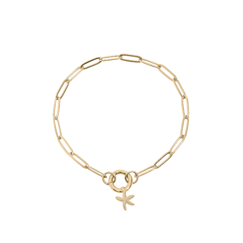 18K gold paperclip charm keeper bracelet with starfish charm ocean jewelry