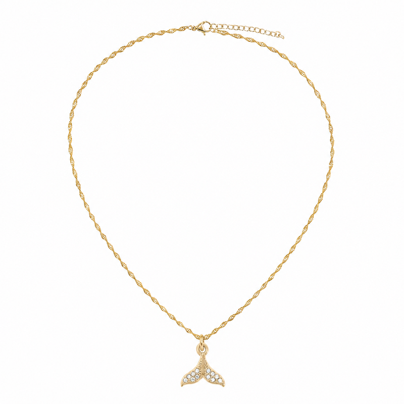 18K gold PVD CZ mermaid tail charm necklace on Singapore chain with lobster clasp and extender — white background product shot