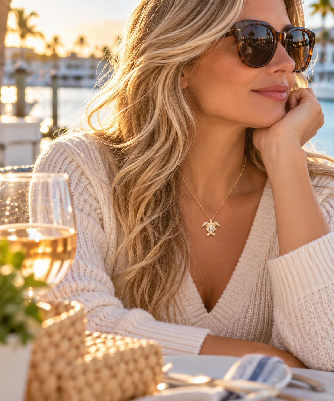 Woman in a cream knit wearing a sea turtle necklace during a waterfront golden hour — Crabby Mermaid coastal fall style