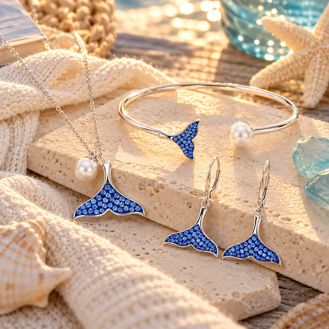 Sterling silver whale tail necklace, bracelet and earrings with blue crystals and pearl accents styled for coastal fall — Crabby Mermaid