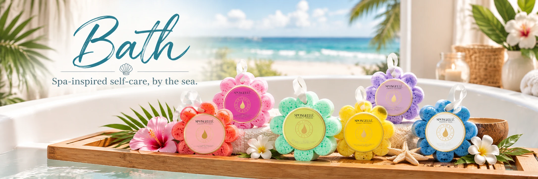 Crabby Mermaid Bath collection featuring colorful Spongelle Wild Flower body wash buffers in a coastal spa setting