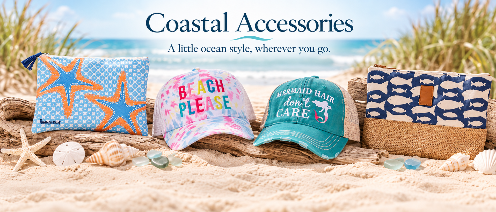 Crabby Mermaid coastal accessories featuring beach hats, starfish cosmetic bag, and fish-pattern zipper pouch